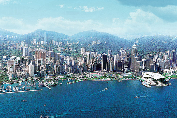 Photomontage of the northern shoreline of Hong Kong Island after completion of Wan Chai Development Phase II