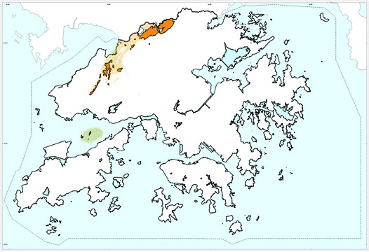 The northwestern New Territories in a northeast-trending outcrop and subcrop stretching from Tuen Mun to Lo Wu