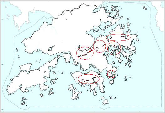 The central and southeasterm New Territories,and on Hong Kong Island.